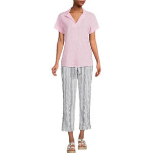 Anthropologie BeachLunchLounge Pink Striped Linen Blend Popover Size Large